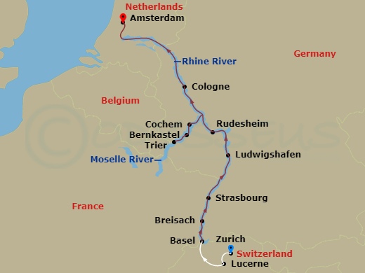 14-night Rhine and Moselle Delights Christmas Cruise/Land Package Itinerary Map